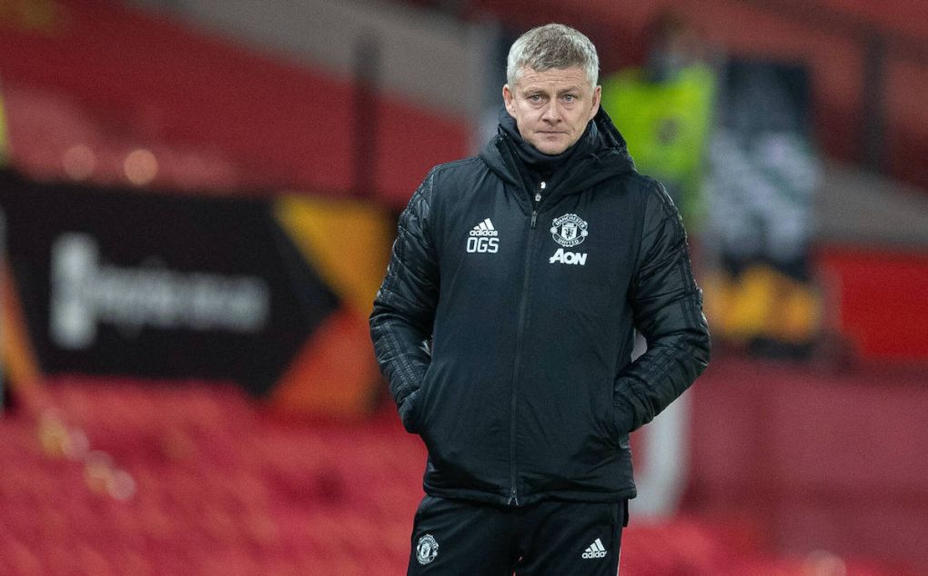 210226 -- MANCHESTER, Feb. 26, 2021 -- Manchester United, ManU s manager Ole Gunnar Solskjaer is seen during the UEFA Europa League Round of 32 second Leg football match between Manchester United and Real Sociedad in Manchester, Britain, on Feb. 25, 2021. FOR EDITORIAL USE ONLY. NOT FOR SALE FOR MARKETING OR ADVERTISING CAMPAIGNS. NO USE WITH UNAUTHORIZED AUDIO, VIDEO, DATA, FIXTURE LISTS, CLUB/LEAGUE LOGOS OR LIVE SERVICES. ONLINE IN-MATCH USE LIMITED TO 45 IMAGES, NO VIDEO EMULATION. NO USE IN BETTING, GAMES OR SINGLE CLUB/LEAGUE/PLAYER PUBLICATIONS. SPBRITAIN-MANCHESTER-FOOTBALL-EUROPA LEAGUE-MANCHESTER UNITED VS REAL SOCIEDAD Xinhua PUBLICATIONxNOTxINxCHN