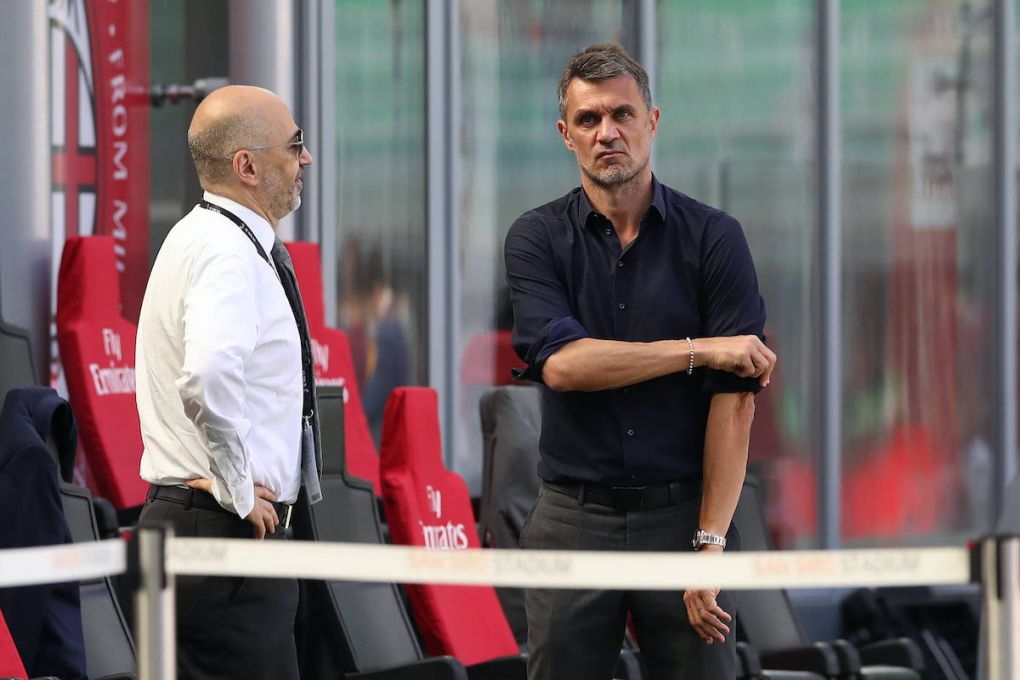 Former AC Milan player and actual Director of Paolo Maldini speaks with AC Milan s Managing Director Ivan Gazidis during the Serie A match at Giuseppe Meazza, Milan. Picture date: 28th June 2020. Picture credit should read: Jonathan Moscrop/Sportimage PUBLICATIONxNOTxINxUK SPI-0569-0029