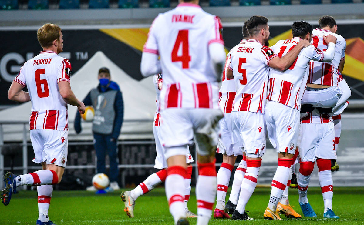 BELGIUM - NEMANJA MILUNOVIC OF RED STAR BELGRADE CRVENA ZVEZDA CELEBRATE THE GOAL WITH HIS TEAMMATE DURING THE UEFA EUROPA LEAGUE MATCH KAA GENT VS RED STAR BELGRADE CRVENA ZVEZDA - NOV 2020 Nemanja Milunovic of Red Star Belgrade Crvena zvezda celebrate the scores with his teammate during the UEFA Europa League group L football match KAA Gent vs Red Star Belgrade Crvena Zvezda at the Ghelamco Arena. 26-11-2020 Ghent, East Flanders, Belgium, November 2020. Photograph by Matteo Cogliati / Hans Lucas. GHENT GAND GHELAMCO ARENA EAST FLANDERS BELGIUM BELGIQUE PUBLICATIONxINxGERxSUIxAUTxONLY Copyright: xMatteoxCogliatix 0107118029st