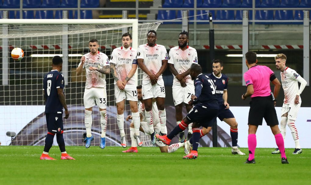 MILAN, ITALY - FEBRUARY 25: El Fardou Mohamed Ben Nabouhane of Crvena Zvezda takes a free kick during the UEFA Europa League Round of 32 match between AC Milan and Crvena Zvezda at San Siro Stadium on February 25, 2021 in Milan, Italy. Sporting stadiums around Italy remain under strict restrictions due to the Coronavirus Pandemic as Government social distancing laws prohibit fans inside venues resulting in games being played behind closed doors. (Photo by Marco Luzzani/Getty Images)