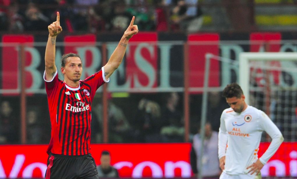AC Milan's Swedish forward Zlatan Ibrahimovic celebrates after scoring during their the Serie A football match between AC Milan and AS Roma at San Siro Stadium in Milan on March 24, 2012. AFP PHOTO / GIUSEPPE CACACE (Photo credit should read GIUSEPPE CACACE/AFP via Getty Images)