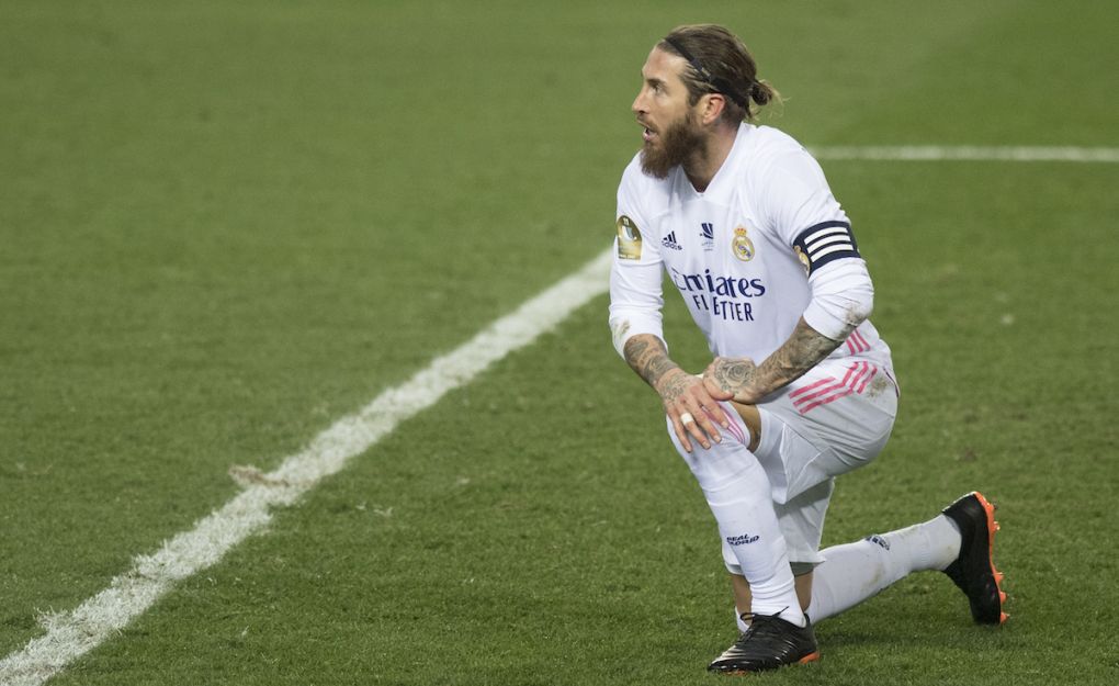 Real Madrid's Spanish defender Sergio Ramos reacts reacts during the Spanish Super Cup semi final football match between Real Madrid and Athletic Club Bilbao at La Rosaleda stadium in Malaga on January 14, 2021. (Photo by JORGE GUERRERO / AFP) (Photo by JORGE GUERRERO/AFP via Getty Images)