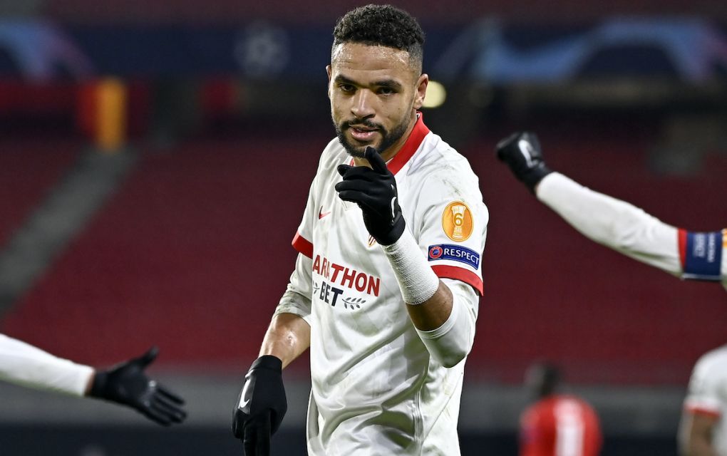 Sevilla's Moroccan forward Youssef En-Nesyri celebrates after scoring a goal during the UEFA Champions League Group E football match between Stade Rennais FC and Seville FC, at the Roahzon park stadium in Rennes, western France, on December 8, 2020. (Photo by DAMIEN MEYER / AFP) (Photo by DAMIEN MEYER/AFP via Getty Images)