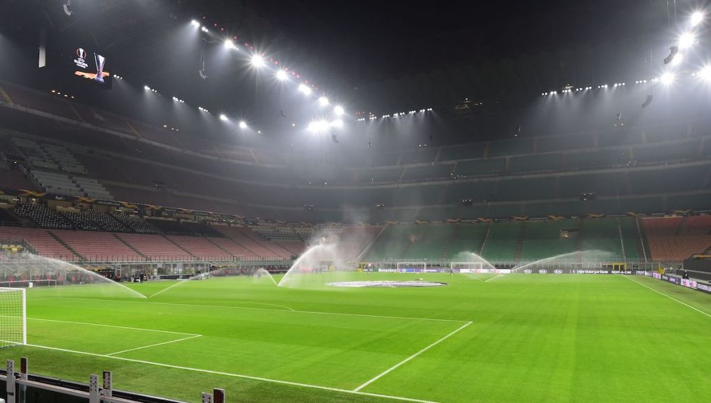 The empty San Siro stadium is pictured ahead of the UEFA Europa League first round football match between AC Milan and Lille in Milan on November 5, 2020. (Photo by MIGUEL MEDINA / AFP) (Photo by MIGUEL MEDINA/AFP via Getty Images)