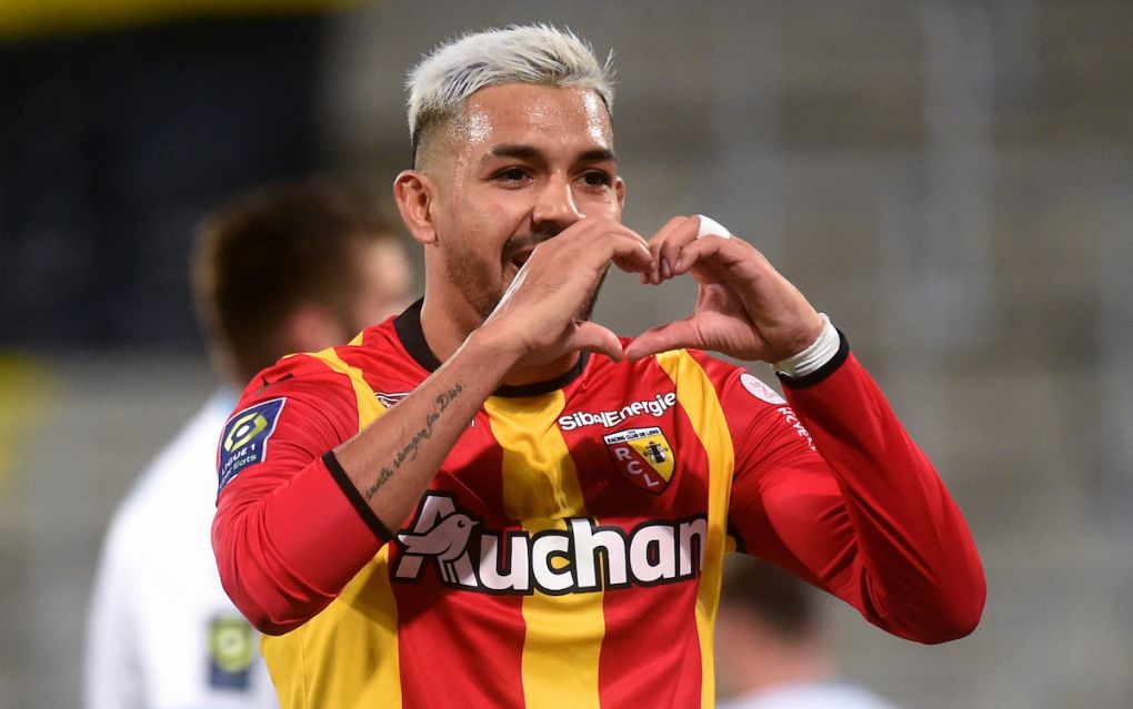Lens' Argentine defender Facundo Medina celebrates after scoring a goal during the French L1 football match between RC Lens and Olympique de Marseille at the Bollaert-Delelis Stadium in Lens on February 3, 2021. (Photo by FRANCOIS LO PRESTI / AFP) (Photo by FRANCOIS LO PRESTI/AFP via Getty Images)