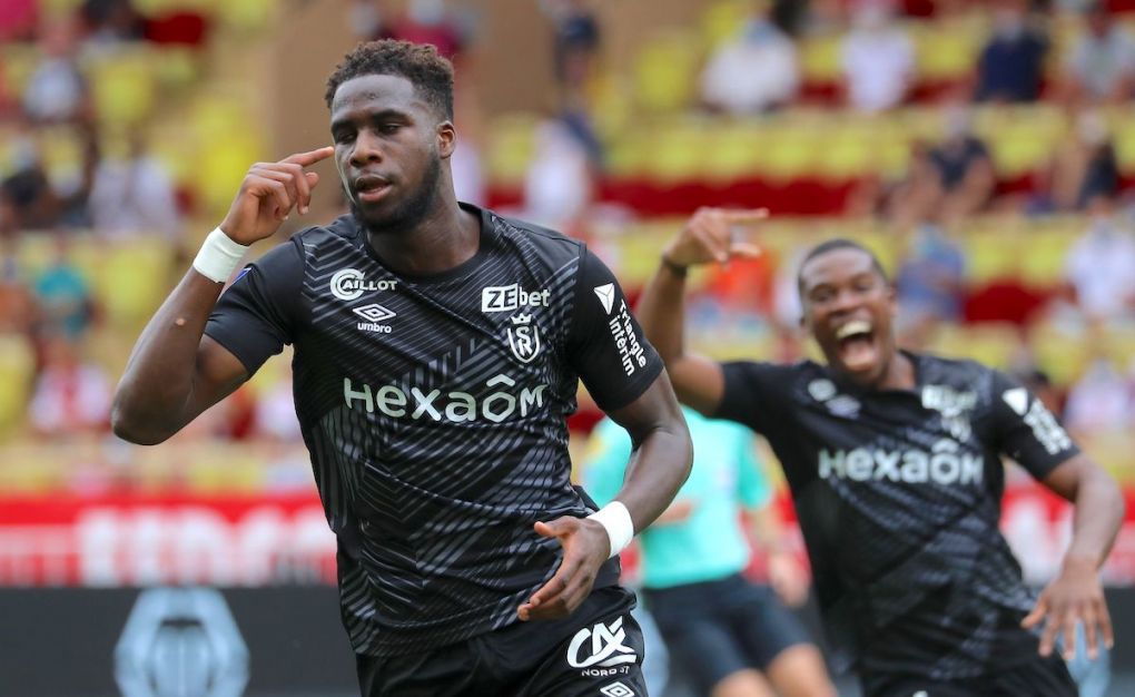 Reims' French forward Boulaye Dia celebrates after scoring a goal during the French L1 football match between AS Monaco and Stade de Reims at The "Louis II Stadium" in Monaco on August 23, 2020. (Photo by Valery HACHE / AFP) (Photo by VALERY HACHE/AFP via Getty Images)