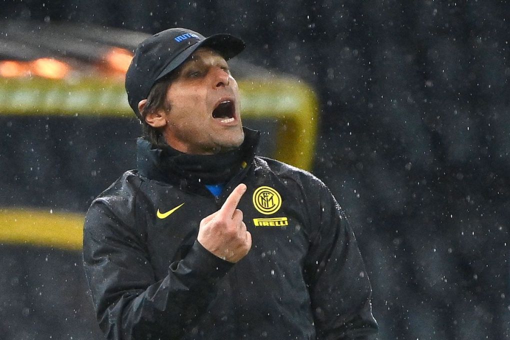 Inter Milan's Italian coach Antonio Conte reacts during the Italian Serie A football match Udinese vs Inter Milan on January 23, 2021 at the Friuli stadium in Udine. (Photo by Vincenzo PINTO / AFP) (Photo by VINCENZO PINTO/AFP via Getty Images)