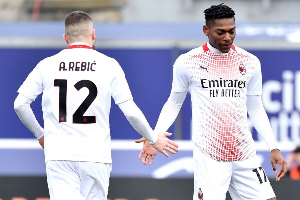 Ante Rebic and Rafael Leao of AC Milan greet each other during the Serie A football match between Bologna FC and AC Milan at Renato Dall Ara stadium in Bologna Italy, January 30th, 2021. Photo Andrea Staccioli / Insidefoto andreaxstaccioli
