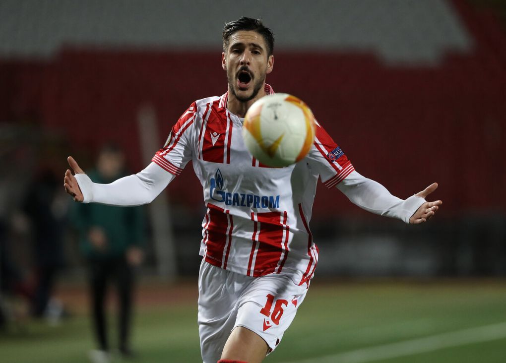 BELGRADE, SERBIA - DECEMBER 03: Diego Falcinelli of Crvena Zvezda reacts during the UEFA Europa League Group L stage match between Crvena Zvezda and TSG Hoffenheim at Rajko Mitic Stadium on December 03, 2020 in Belgrade, Serbia. Sporting stadiums around Serbia remain under strict restrictions due to the Coronavirus Pandemic as Government social distancing laws prohibit fans inside venues resulting in games being played behind closed doors. (Photo by Srdjan Stevanovic/Getty Images)