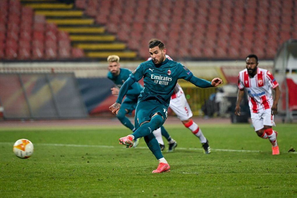 AC Milan's French defender Theo Hernandez shoots and scores a penalty during the UEFA Europa League round of 32 football match between Crvena Zvezda Beograd (Red Star Belgrade) and AC Milan at the Rajko Mitic stadium in Belgrade, on February 18, 2021. (Photo by ANDREJ ISAKOVIC / AFP) (Photo by ANDREJ ISAKOVIC/AFP via Getty Images)