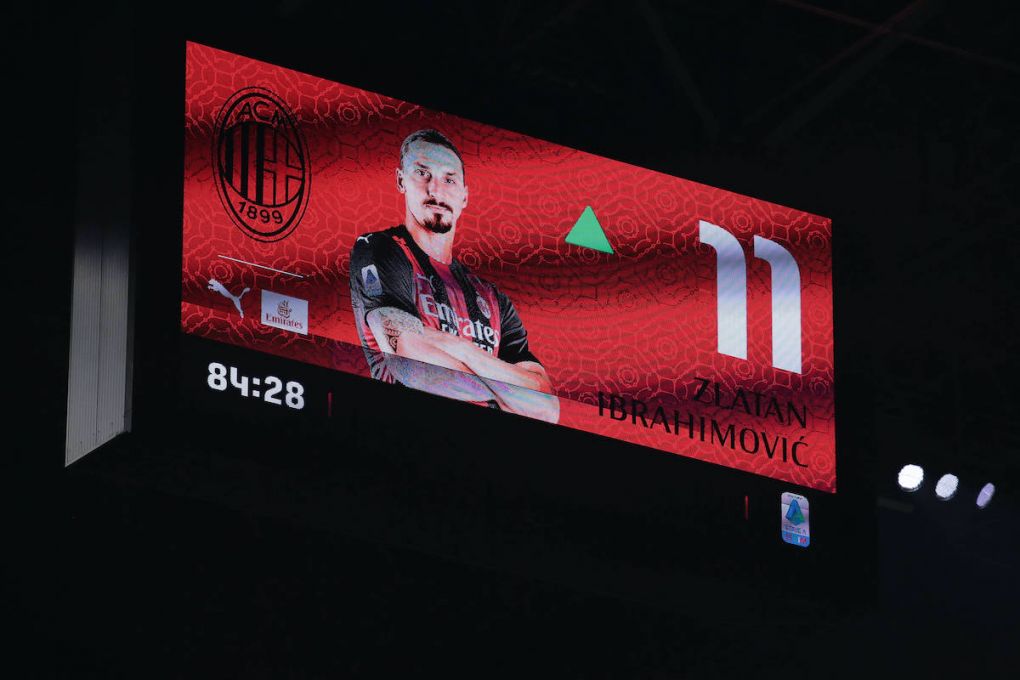 An image of Zlatan Ibrahimovic of AC Milan is shown on the stadium screen as he makes his return to action following an injury during the Serie A match at Giuseppe Meazza, Milan. Picture date: 9th January 2021. Picture credit should read: Jonathan Moscrop/Sportimage PUBLICATIONxNOTxINxUK SPI-0839-0046
