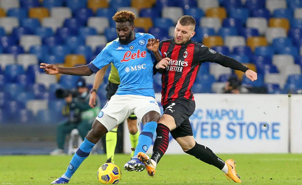 NAPLES, ITALY - November 22: Tiemoue Bakayoko of SSC Napoli battles for possession with Ante Rebic of Milan during the Serie A match between SSC Napoli and AC Milan at Stadio San Paolo on November 22, 2020 in Naples, Italy. Copyright: xFotoagenziax