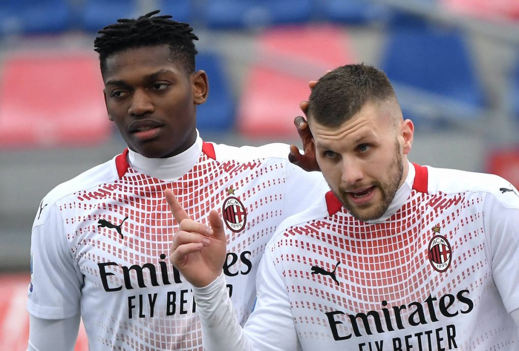 Ante Rebic of Milan celebrates with Rafael Leao and Alexis Saelemaekers after scoring the 0-1 goal during the Serie A football match between Bologna FC and AC Milan at Renato Dall Ara stadium in Bologna Italy, January 30th, 2021. Photo Andrea Staccioli / Insidefoto andreaxstaccioli