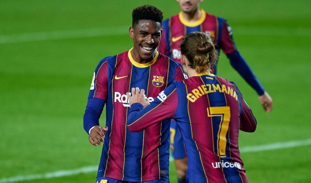 February 13, 2021, Barcelona, Spain: Junior Firpo of FC Barcelona, Barca celebrate a goal during the Liga match between FC Barcelona and Deportivo Alaves at Camp Nou in Barcelona, Spain. Barcelona Spain - ZUMAd159 20210213_zia_d159_170 Copyright: xGerardxFrancoxCrespox