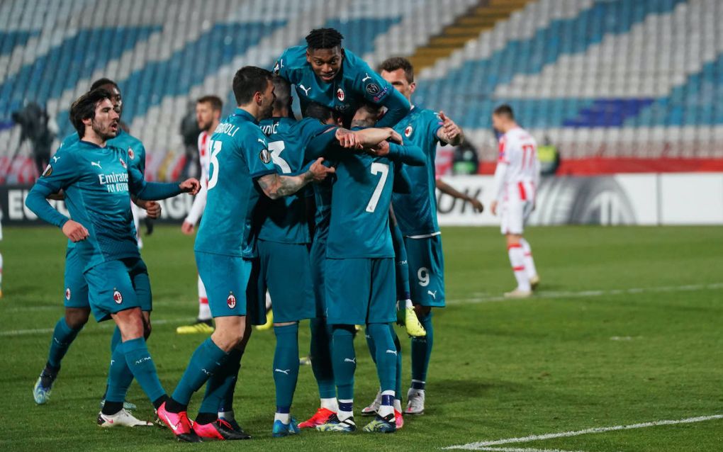 Photo LaPresse - Spada Febraury 18, 2021 Belgrade Serbia Soccer A.C. Milan- Season 2020-2021 - Europa League round of 32 Crvena Zvezda vs Milan In the pic: celebrates after scoring Theo Hernandez 1-2, Samu Castillejo , Rade Krunic , Rafael Leao , Alessio Romagnoli, Sandro Tonali PUBLICATIONxINxGERxSUIxAUTxONLY Copyright: xSpada/LaPressex