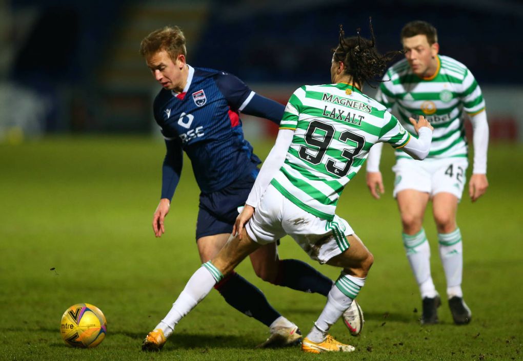 21st February 2021 Global Energy Stadium, Dingwall, Highlands, Scotland Scottish Premiership Football, Ross County versus Celtic Harry Paton of Ross County avoids a challenge from Diego Laxalt of Celtic PUBLICATIONxNOTxINxUK ActionPlus12269029 VagelisxGeorgariou