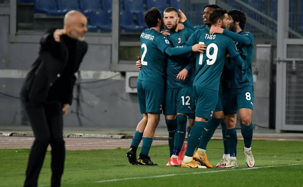 Ante Rebic of AC Milan celebrates with team mates after scoring the goal of 1-2 during the Serie A football match between AS Roma and AC Milan at Olimpico stadium in Roma Italy, February 28th, 2021. Photo Antonietta Baldassarre / Insidefoto antoxbalda