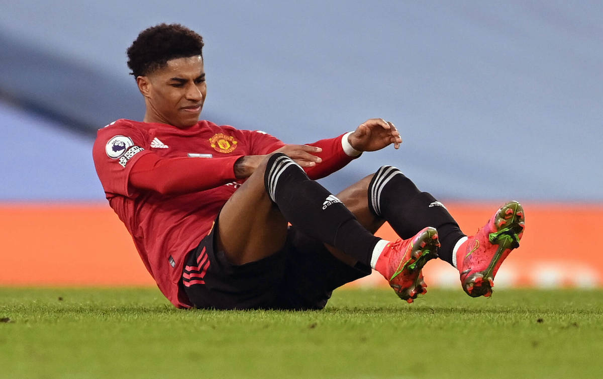 Manchester City v Manchester United, ManU - Premier League - Etihad Stadium Manchester United s Marcus Rashford reacts to an injury during the Premier League match at the Etihad Stadium, Manchester. Picture date: Sunday March 7, 2021. EDITORIAL USE ONLY No use with unauthorised audio, video, data, fixture lists, club/league logos or live services. Online in-match use limited to 120 images, no video emulation. No use in betting, games or single club/league/player publications. PUBLICATIONxINxGERxSUIxAUTxONLY Copyright: xLaurencexGriffithsx 58484694