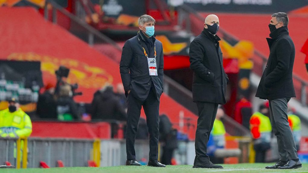 Photo LaPresse - Spada March 11, 2021 Manchester England Soccer A.C. Milan- Stagione 2020-2021 - Europa League Ottavi di finale Manchester United, ManU vs Ac Milan In the pic: Ivan Gazidis Paolo Maldini Frederic Massara PUBLICATIONxNOTxINxITAxFRAxCHN Copyright: xSpada/LaPressex