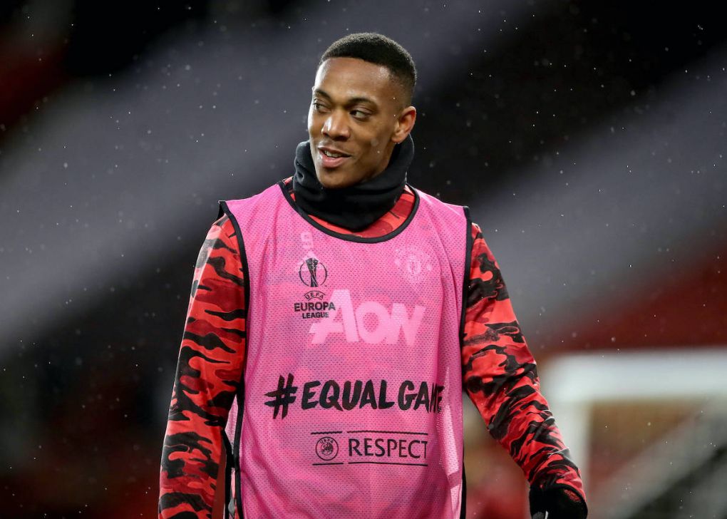 Manchester United, ManU v AC Milan - UEFA Europa League - Round of Sixteen - First Leg - Old Trafford Manchester United s Anthony Martial warms up on the pitch ahead of the UEFA Europa League round of sixteen, first leg match at Old Trafford, Manchester. Picture date: Thursday March 11, 2021. Editorial use only, no commercial use without prior consent from rights holder. PUBLICATIONxINxGERxSUIxAUTxONLY Copyright: xMartinxRickettx 58549021