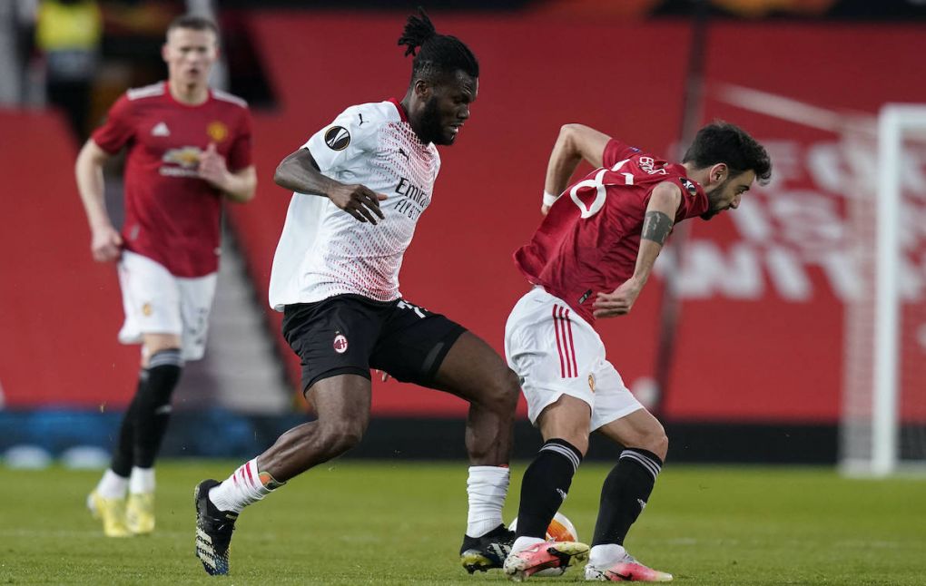 Franck Kessie of AC Milan tackles Bruno Fernandes of Manchester United, ManU during the UEFA Europa League match at Old Trafford, Manchester. Picture date: 11th March 2021. Picture credit should read: Andrew Yates/Sportimage PUBLICATIONxNOTxINxUK SPI-0952-0015