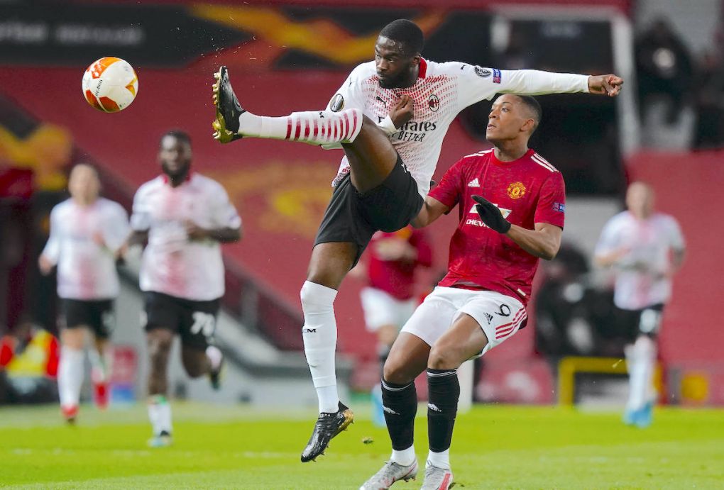 Fikayo Tomori of AC Milan intercepts Anthony Martial of Manchester United, ManU during the UEFA Europa League match at Old Trafford, Manchester. Picture date: 11th March 2021. Picture credit should read: Andrew Yates/Sportimage PUBLICATIONxNOTxINxUK SPI-0952-0018