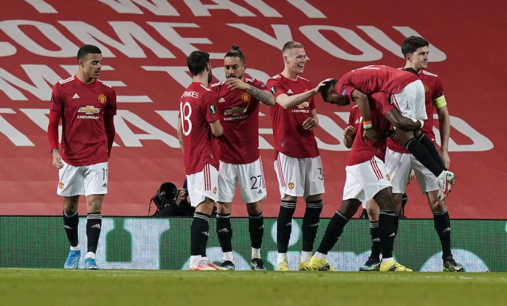 Amad Diallo of Manchester United, ManU is lifted up as he celebrates scoring the first goal during the UEFA Europa League match at Old Trafford, Manchester. Picture date: 11th March 2021. Picture credit should read: Andrew Yates/Sportimage PUBLICATIONxNOTxINxUK SPI-0952-0038