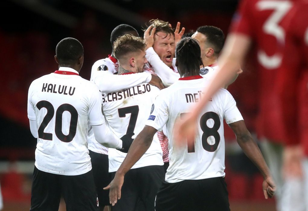 Manchester United, ManU v AC Milan - UEFA Europa League - Round of Sixteen - First Leg - Old Trafford AC Milan s Simon Kjaer celebrates scoring their side s first goal of the game during the UEFA Europa League round of sixteen, first leg match at Old Trafford, Manchester. Picture date: Thursday March 11, 2021. Editorial use only, no commercial use without prior consent from rights holder. PUBLICATIONxINxGERxSUIxAUTxONLY Copyright: xMartinxRickettx 58550932