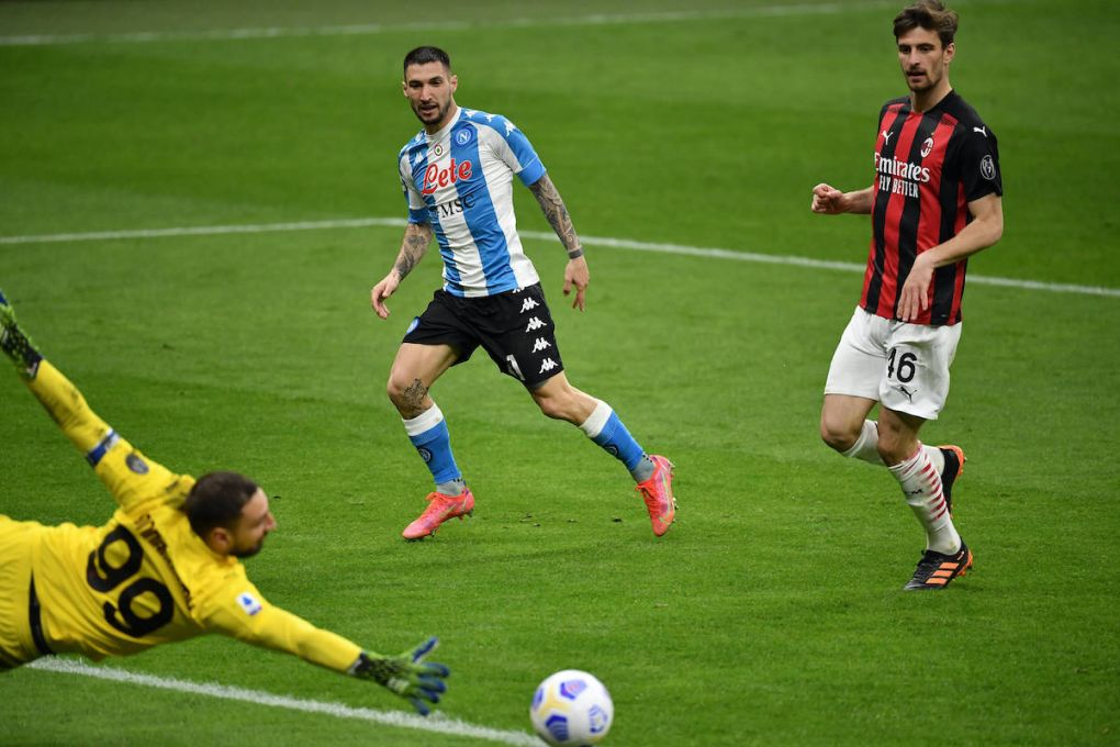 Matteo Politano of SSC Napoli scores the goal of 0-1 during the Serie A football match between AC Milan and SSC Napoli at San Siro Stadium in Milano Italy, March 14th, 2021. Photo Andrea Staccioli / Insidefoto andreaxstaccioli
