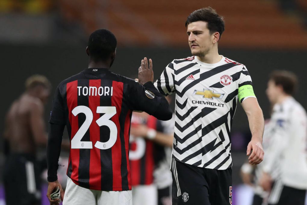 Harry Maguire of Manchester United, ManU salutes Fikayo Tomori of AC Milan following the final whistle of the UEFA Europa League match at Giuseppe Meazza, Milan. Picture date: 18th March 2021. Picture credit should read: Jonathan Moscrop/Sportimage PUBLICATIONxNOTxINxUK SPI-0961-0064