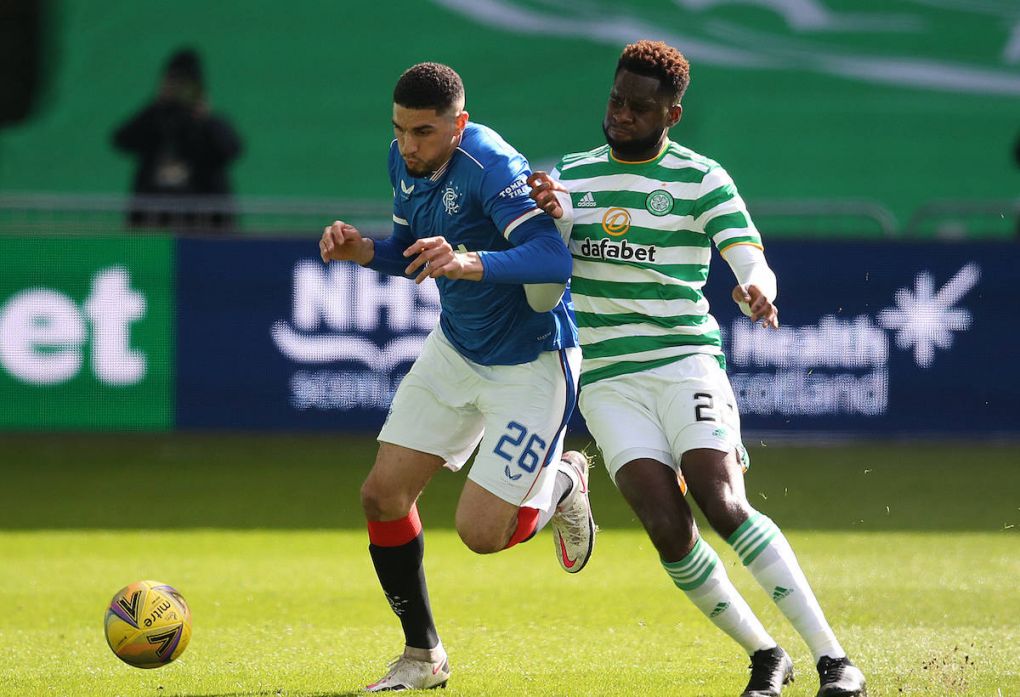 Celtic v Rangers - Scottish Premiership - Celtic Park Rangers Leon Balogun left and Celtic s Odsonne Edouard battle for the ball during the Scottish Premiership match at Celtic Park, Glasgow. Picture date: Sunday March 21, 2021. Use subject to restrictions. Editorial use only, no commercial use without prior consent from rights holder. PUBLICATIONxINxGERxSUIxAUTxONLY Copyright: xAndrewxMilliganx 58723163