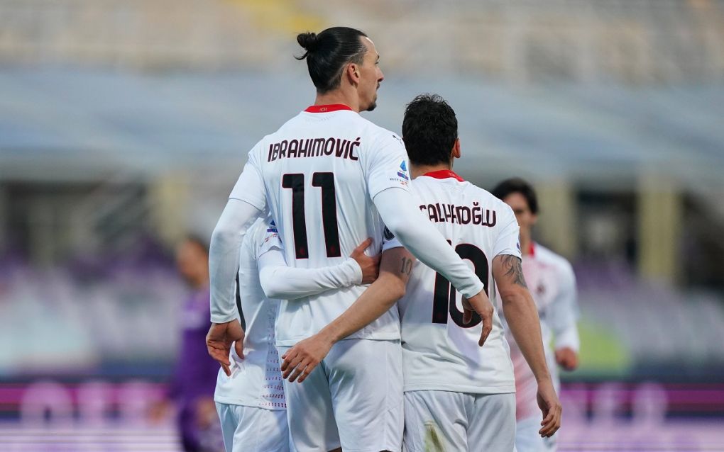 Photo LaPresse - Spada March 21 , 2021 Florence  Italy  Soccer A.C. Milan- Season 2020-2021 - Serie A Fiorentina vs Milan In the pic: celebrates after scoring Zlatan Ibrahimovic 0-1, Hakan Calhanoglu PUBLICATIONxNOTxINxITAxFRAxCHN Copyright: xSpada/LaPressex