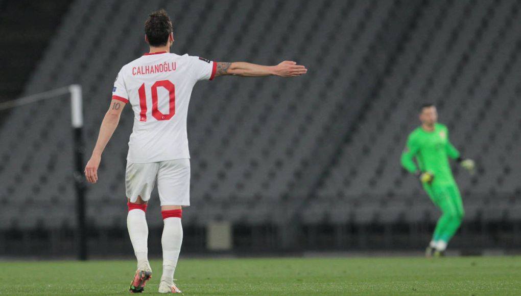 Hakan Calhanoglu of Turkey during the World Cup 2022 Qualifaction group G match between Turkey and Holland at Ataturk Olympic Stadium in Istanbul , Turkey on March 24 , 2021. Match Score Turkey 4 -Holland 2 PUBLICATIONxNOTxINxTUR