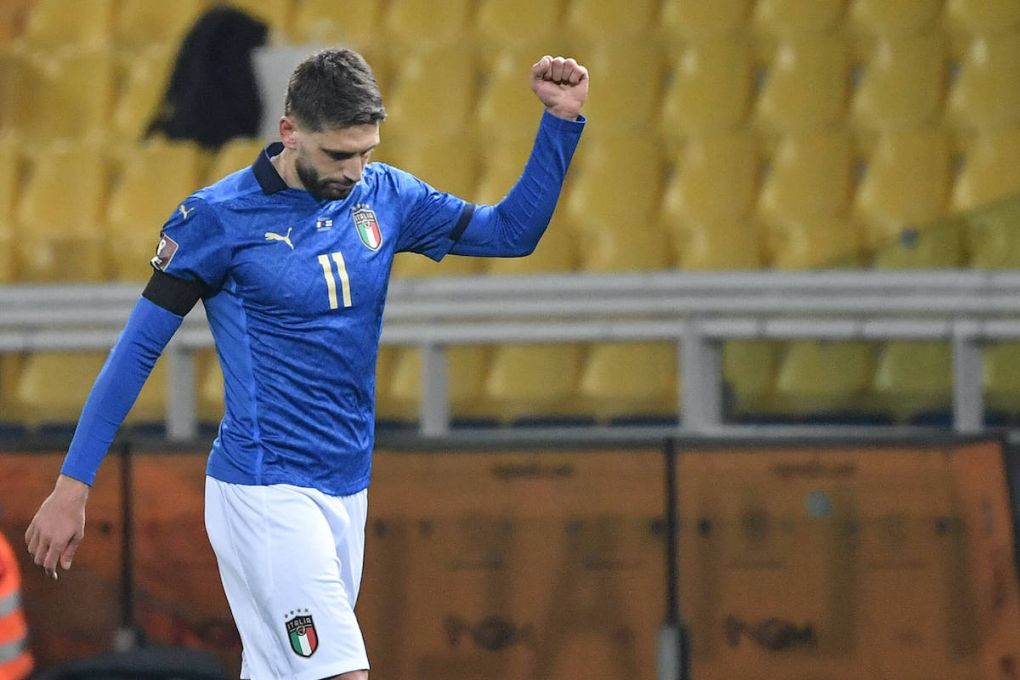 Domenico Berardi of Itlay celebrates after scoring the goal of 1-0 during the FIFA World Cup, WM, Weltmeisterschaft, Fussball 2022 qualification football match between Italy and Northerrn Ireland at stadio Ennio Tardini in Parma Italy, March 25th, 2021. Photo Andrea Staccioli / Insidefoto andreaxstaccioli