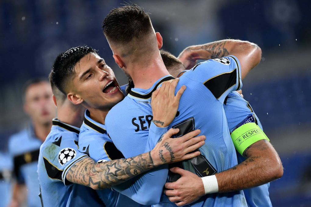 Ciro Immobile of SS Lazio celebrates with Manuel Lazzari, Joaquin Correa and Sergej Milinkovic-Savic after scoring the goal of 2-1 during the Champions League Group Stage F football match between SS Lazio and Club Brugge at stadio Olimpicoin Rome Italy, December, 8th, 2020. Photo Andrea Staccioli / Insidefoto andreaxstaccioli