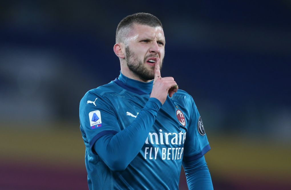 ROME, ITALY - FEBRUARY 28: Ante Rebic of AC Milan celebrates after scoring their side's second goal during the Serie A match between AS Roma and AC Milan at Stadio Olimpico on February 28, 2021 in Rome, Italy. Sporting stadiums around Italy remain under strict restrictions due to the Coronavirus Pandemic as Government social distancing laws prohibit fans inside venues resulting in games being played behind closed doors. (Photo by Paolo Bruno/Getty Images)