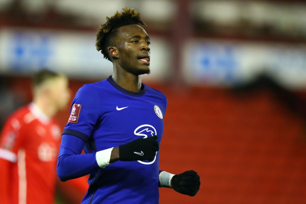 BARNSLEY, ENGLAND - FEBRUARY 11: Tammy Abraham of Chelsea during The Emirates FA Cup Fifth Round match between Barnsley and Chelsea at Oakwell Stadium on February 11, 2021 in Barnsley, England. Sporting stadiums around the UK remain under strict restrictions due to the Coronavirus Pandemic as Government social distancing laws prohibit fans inside venues resulting in games being played behind closed doors. (Photo by Robbie Jay Barratt - AMA/Getty Images)