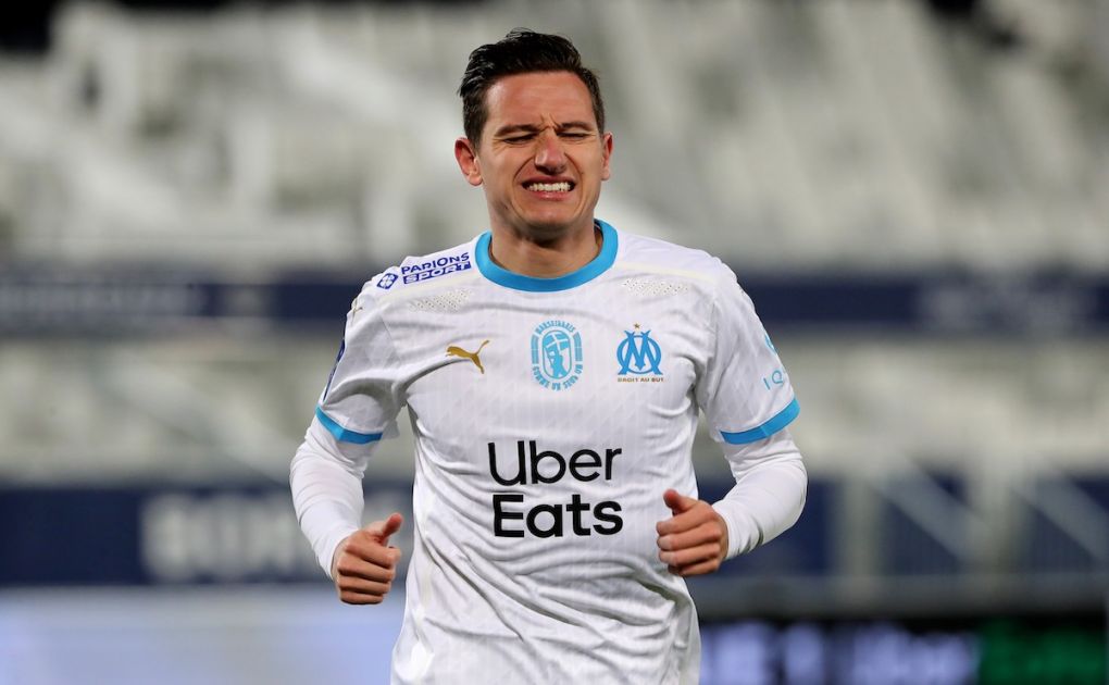 Marseille's French forward Florian Thauvin reacts during the French L1 football match between FC Girondins de Bordeaux and Olympique de Marseille at The Matmut Atlantique Stadium in Bordeaux, south-western France, on February 14, 2021. (Photo by ROMAIN PERROCHEAU / AFP) (Photo by ROMAIN PERROCHEAU/AFP via Getty Images)