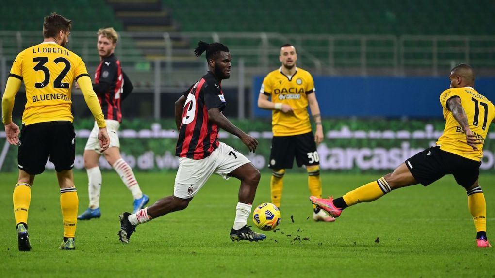 AC Milan's Ivorian midfielder Franck Kessie (C) challenges Udinese's Brazilian midfielder Walace during the Italian Serie A football match AC Milan vs Udinese on March 03, 2021 at the San Siro stadium in Milan. (Photo by MIGUEL MEDINA / AFP) (Photo by MIGUEL MEDINA/AFP via Getty Images)