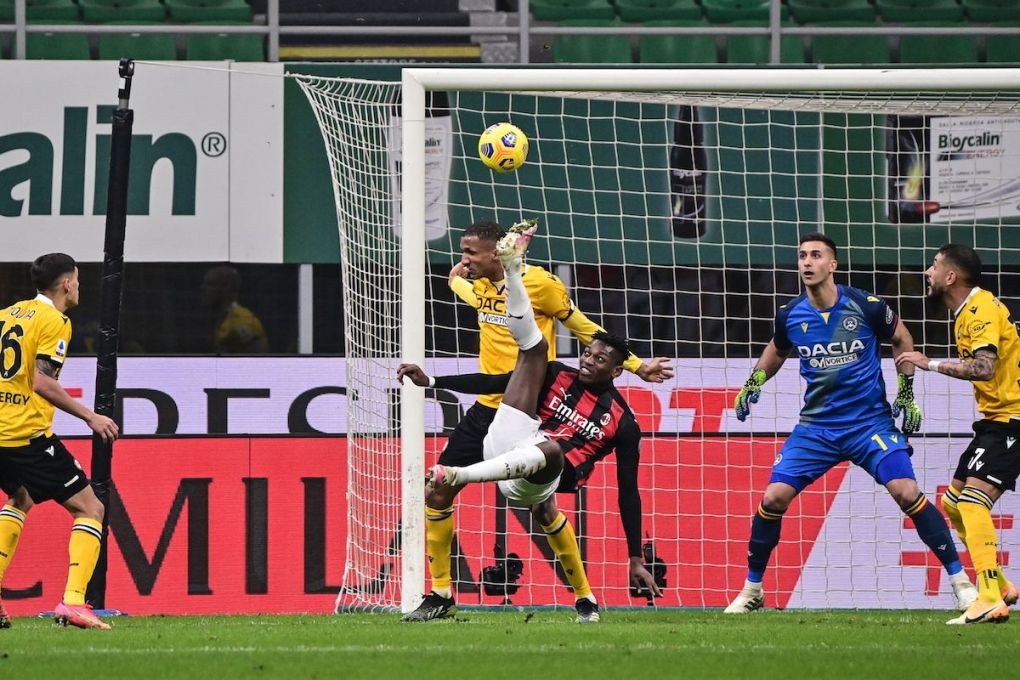 AC Milan's Portuguese forward Rafael Leao (Front C) kicks overhead during the Italian Serie A football match AC Milan vs Udinese on March 03, 2021 at the San Siro stadium in Milan. (Photo by MIGUEL MEDINA / AFP) (Photo by MIGUEL MEDINA/AFP via Getty Images)