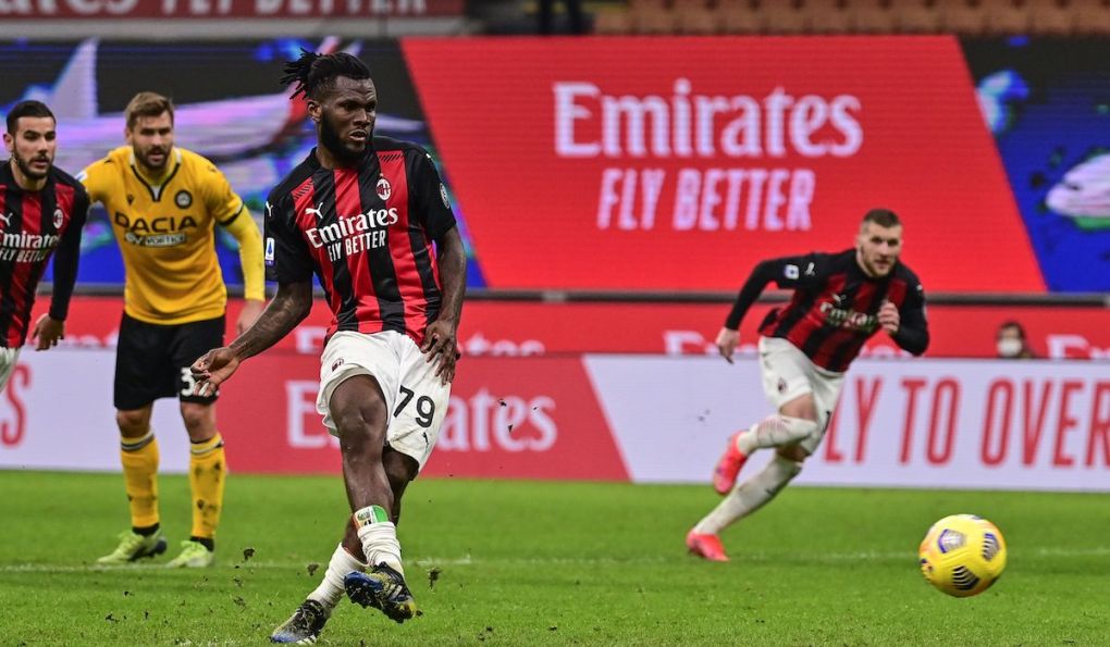 AC Milan's Ivorian midfielder Franck Kessie shoots to score a last minute penalty during the Italian Serie A football match AC Milan vs Udinese on March 03, 2021 at the San Siro stadium in Milan. (Photo by MIGUEL MEDINA / AFP) (Photo by MIGUEL MEDINA/AFP via Getty Images)
