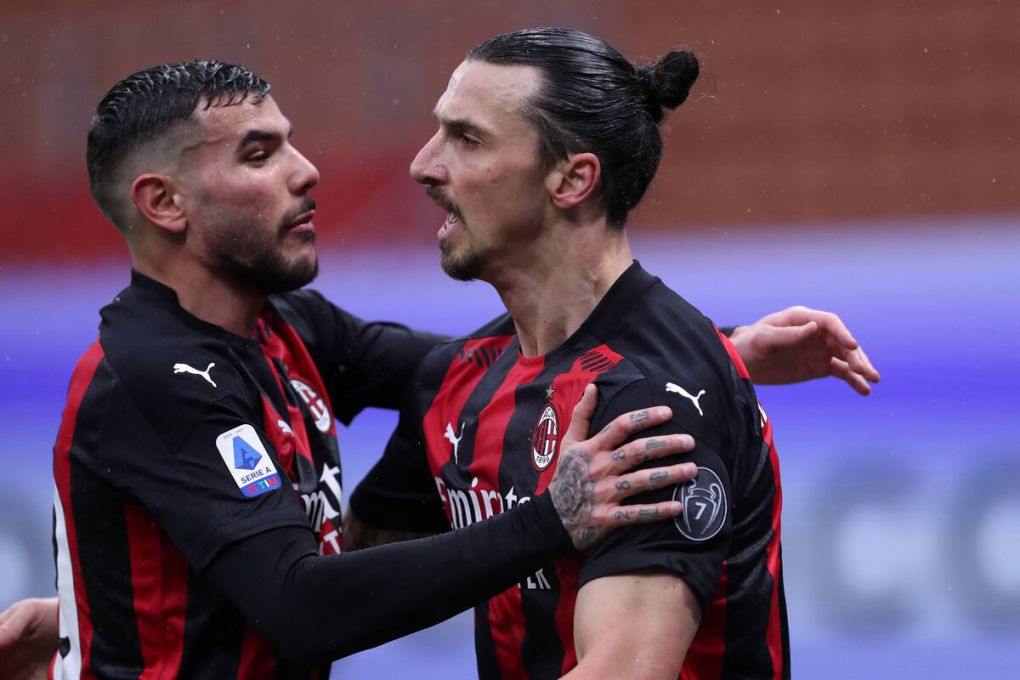 Zlatan Ibrahimovic of Ac Milan celebrate with his teammates Theo Hernandez after scoring a goal during the Serie A match between AC Milan and FC Crotone at Stadio San Siro Milan Italy on 07 February 2021. Milan Stadio San Siro Milan Italy Copyright: xMarcoxCanonierox SP24-0496