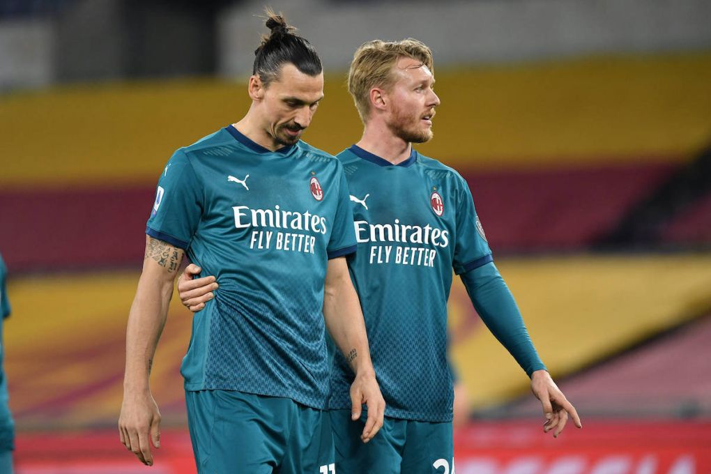 Zlatan Ibrahimovic and Simon Kjaer of AC Milan during the Women Serie A football match between AS Roma and Empoli ladies at stadio delle tre fontane, Roma, February 28, 2021. Photo Andrea Staccioli / Insidefoto andreaxstaccioli