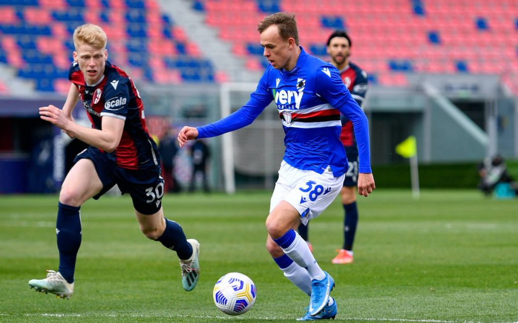 March 14, 2021, Bologna, Italy: Bologna, Italy, Renato Dall& 39Ara stadium, March 14, 2021, Mikkel Damsgaard UC Sampdoria in action during Bologna FC vs US Sampdoria - Italian football Serie A match Italian football Serie A match - Bologna FC vs US Sampdoria, Bologna, Italy PUBLICATIONxINxGERxSUIxAUTxONLY - ZUMAl164 20210314_zsa_l164_395 Copyright: xAlessioxMarinix