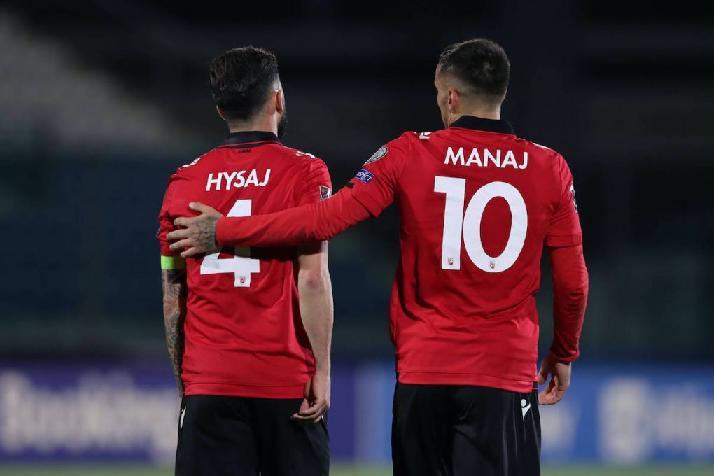 Elseid Hysaj and Rey Manaj of Albania during the FIFA World Cup, WM, Weltmeisterschaft, Fussball qualifiers match at San Marino Stadium, Serravalle. Picture date: 31st March 2021. Picture credit should read: Jonathan Moscrop/Sportimage PUBLICATIONxNOTxINxUK SPI-0974-0124