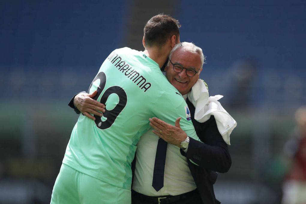 Claudio Ranieri Head coach of UC Sampdoria is embraced by Gianluigi Donnarumma of AC Milan during the Serie A match at Giuseppe Meazza, Milan. Picture date: 3rd April 2021. Picture credit should read: Jonathan Moscrop/Sportimage PUBLICATIONxNOTxINxUK SPI-0982-0014