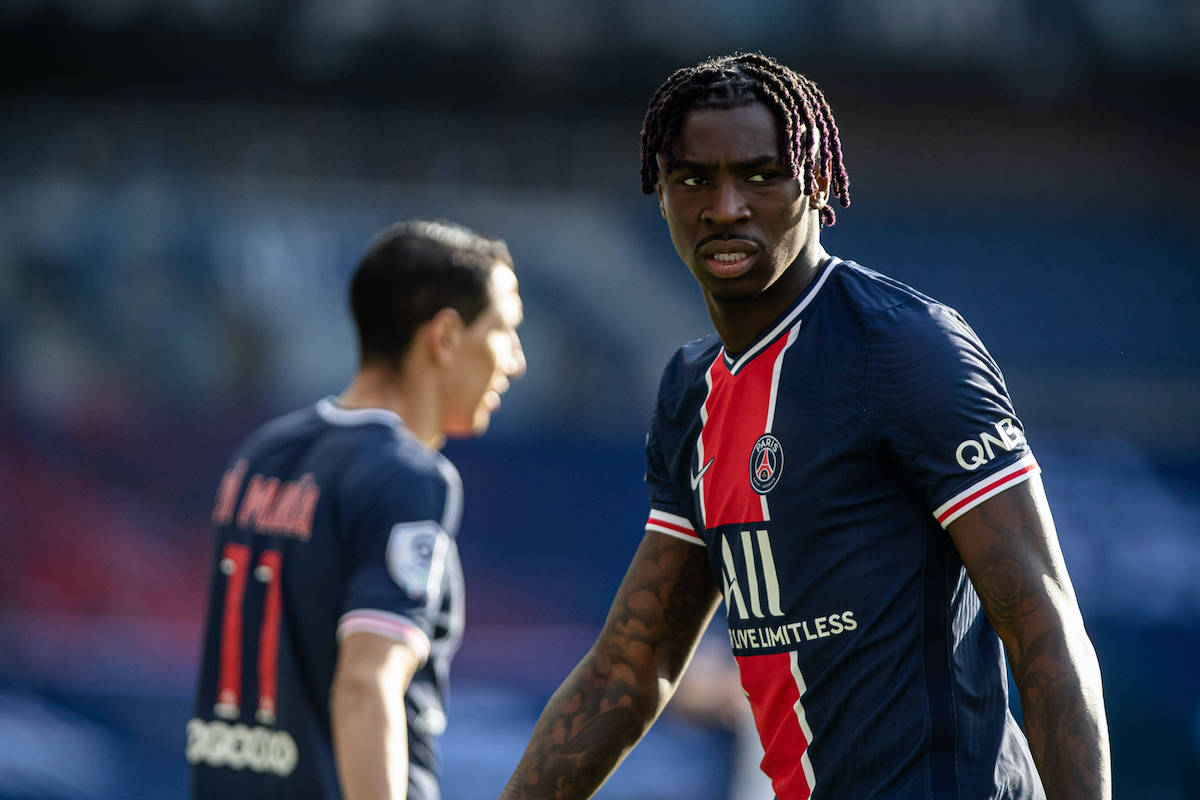 Paris Saint Germain s Moise KEAN reacts during the French championship Ligue 1 football match between Paris Saint Germain PSG and Lille on April 03, 2021 at Parc des Princes stadium in Paris, France. PUBLICATIONxNOTxINxFRA Copyright: xAurelienxMorissardx