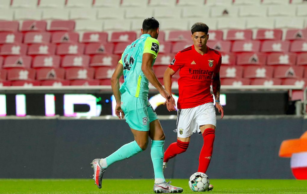 April 5, 2021, Lisbon, Portugal: Darwin Nunez of SL Benfica R vies with Andreas Karo of CS Maritimo during the Portuguese League football match between SL Benfica and CS Maritimo at the Luz stadium in Lisbon, Portugal on April 5, 2021. Lisbon Portugal - ZUMAf123 20210405_zap_f123_004 Copyright: xPedroxFiuzax