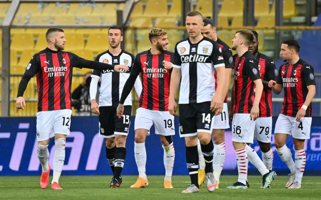 Photo Massimo Paolone/LaPresse April 10, 2021 Parma, Italy soccer Parma vs Milan - Italian Football Championship League A TIM 2020/2021 - Ennio Tardini stadium In the pic: Ante Rebic AC Milan celebrates after scoring goal 0-1 PUBLICATIONxNOTxINxITAxFRAxCHN Copyright: xMassimoxPaolone/LaPressex