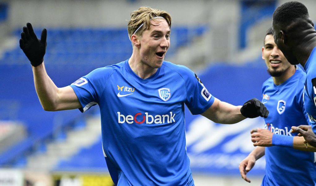 Genk s Kristian Thorstvedt celebrates after scoring during a soccer match between KRC Genk and Sint-Truidense VV, Sunday 11 April 2021 in Genk, on day 33 of the Jupiler Pro League first division of the Belgian championship. YORICKxJANSENS PUBLICATIONxINxGERxSUIxAUTxONLY x2691006x